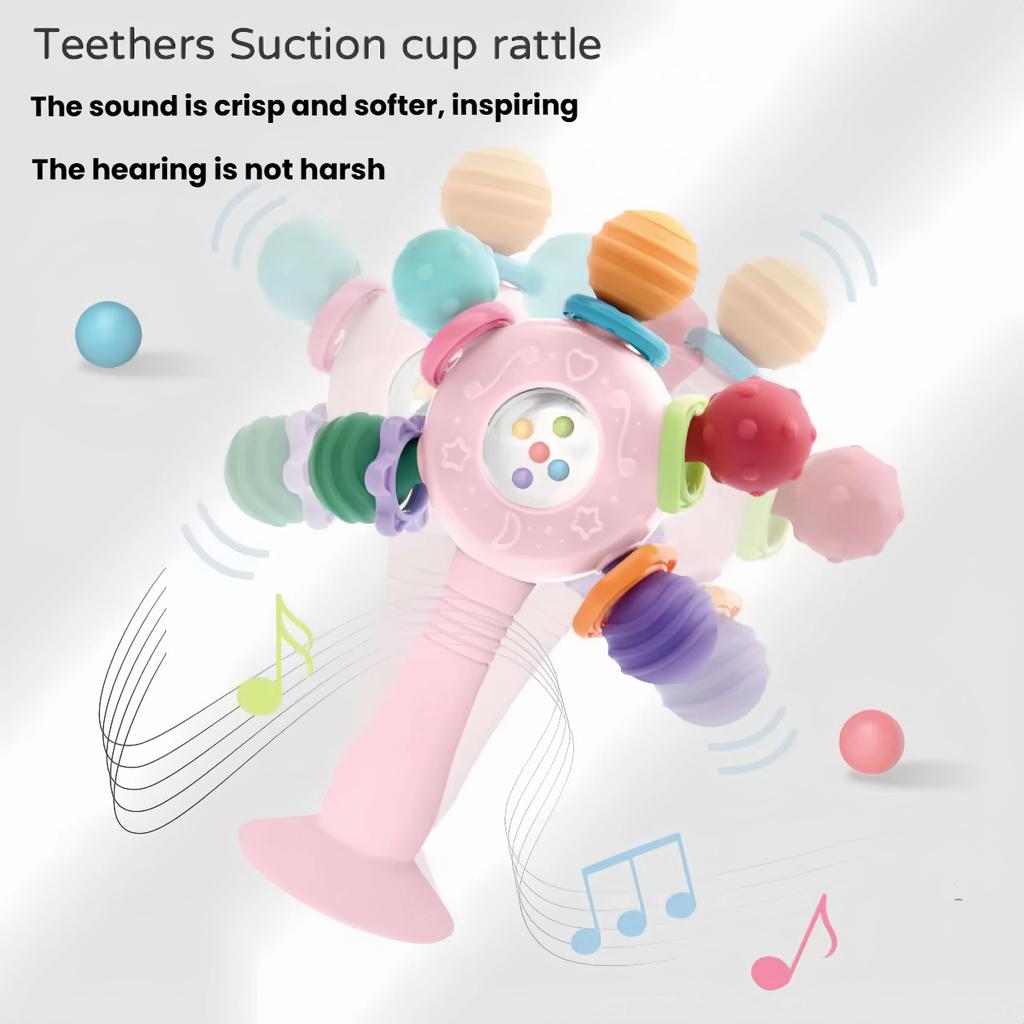 Food Grade Teething Toys Busy Rattle With Suction Cup for Babies Baby Bottle Style Sensory Teether Toys BPA Free Pacifier Toys