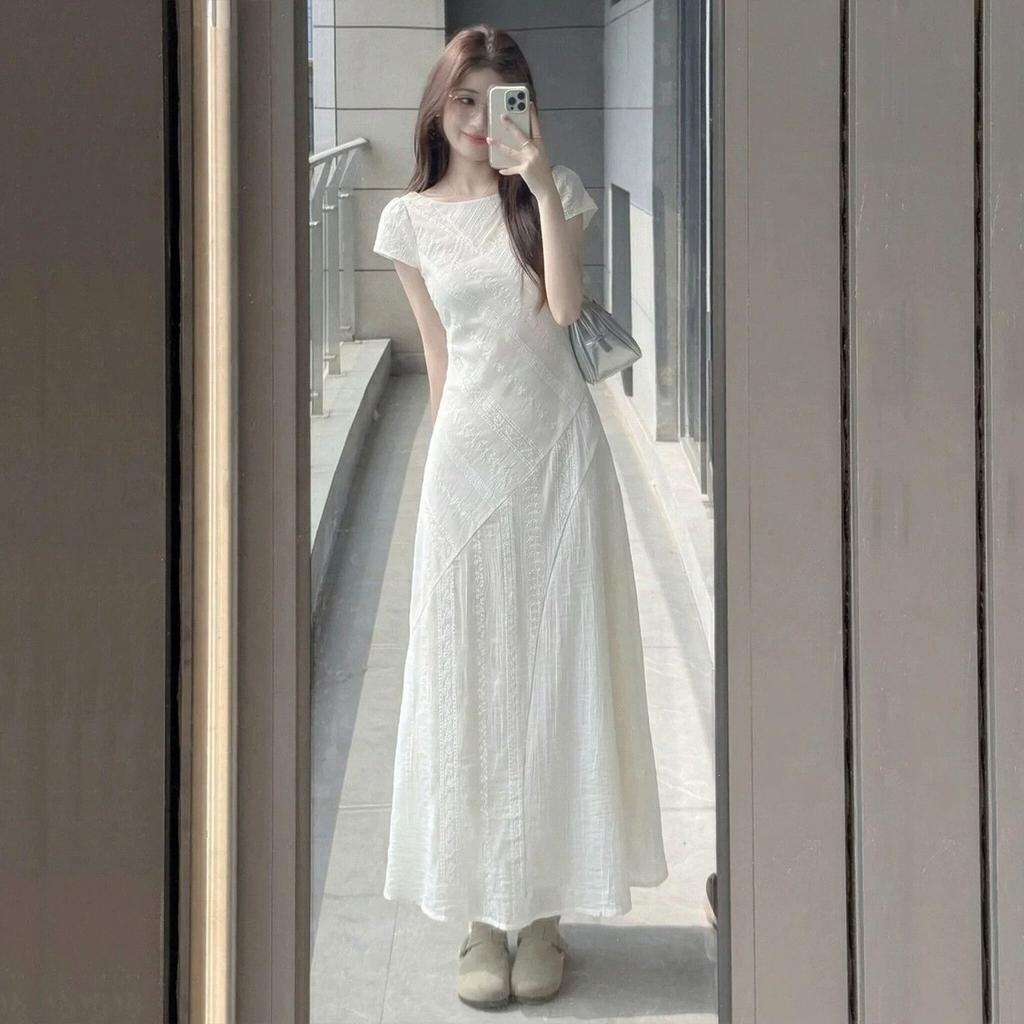 Summer new design round neck short-sleeved jacquard dress women's French temperament waist and thin long A-shaped skirt