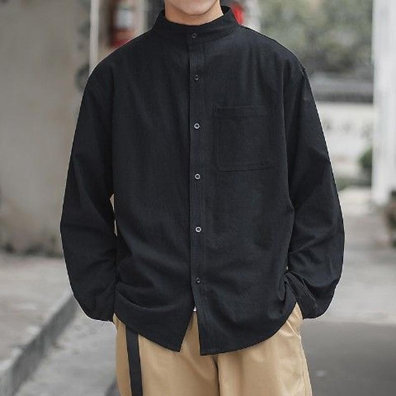 

Весенне-осенняя рубашка с длинным рукавом для мужчин, воротник-стойка, однотонная, однобортная, свободная повседневная куртка, модные топы в корейском стиле XXXL чёрный