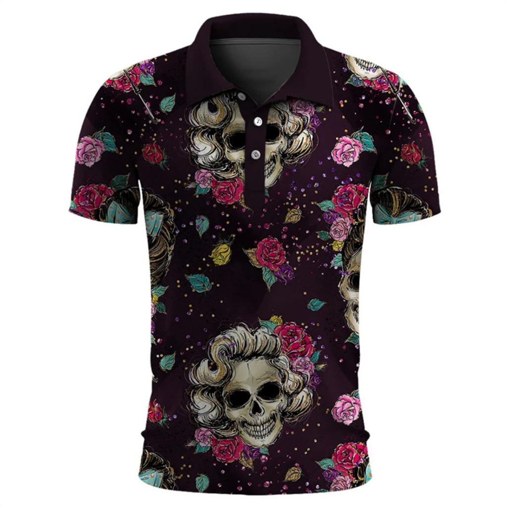 Funny Skull 3D Print Short Sleeve Polo Shirts For Men Clothes Casual Mexico Lucky Skeleton Graphic Lapel POLO Shirt Button Tops