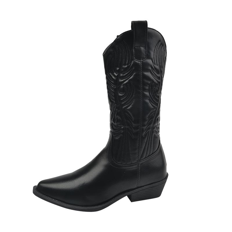 Cizme de damă cu platformă, brodate, la mijlocul gambei, stil cowboy, cu toc pătrat, cu vârful ascuțit