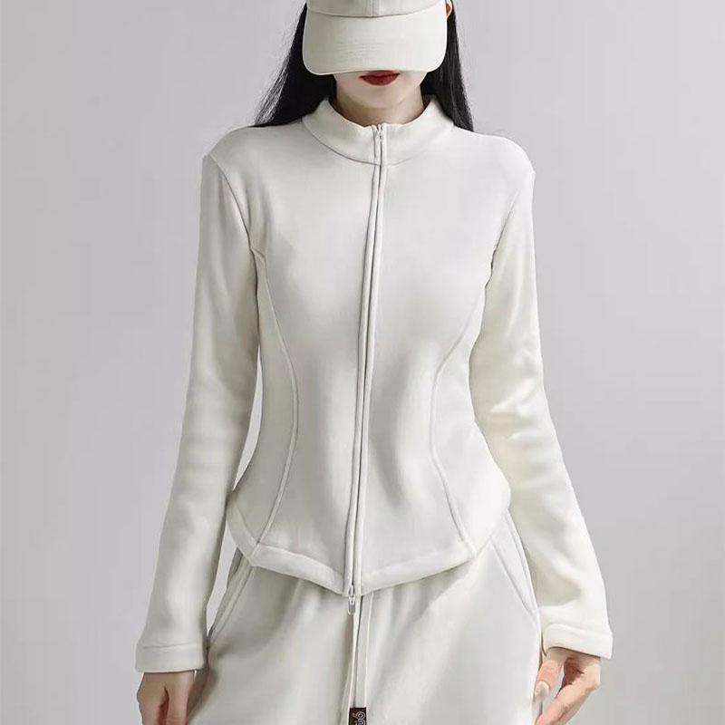 Women Stand Collar Fleece Jacket Lady Girls Zip-up Sport Style Yoga Jacket Solid Cardigan Jacket