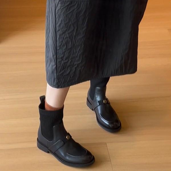 Cowhide version~ Leather camellia elastic thin boots women's versatile retro British thick heel short boots socks boots Martin boots