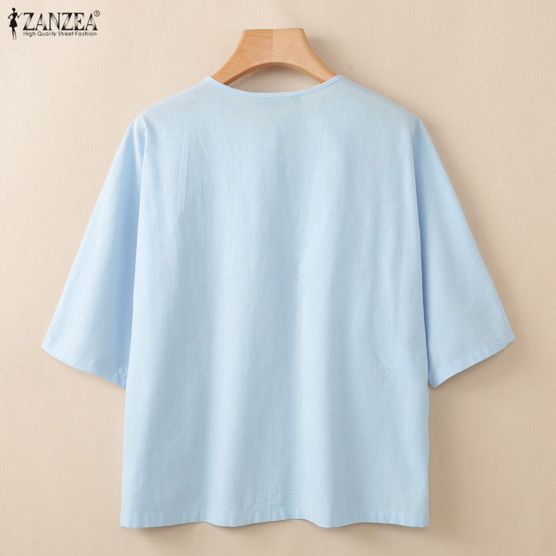 ZANZEA Women Casual Round Neck Solid Color Loose Half Sleeve Blouse