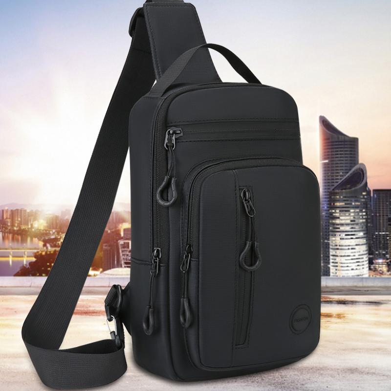 Men's crossbody bag with mobile phone pocket, adjustable shoulder strap, multi pocket chest bag, suitable for leisure, sports, a