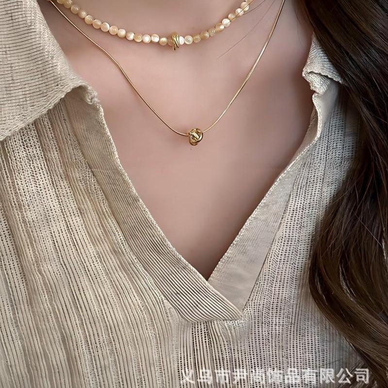 Sweet And Cool Style Light Luxury Niche Fashion Double-Layer Stacked Copper-Plated Real Gold Natural Stone Beaded Necklace Collarbone Chain