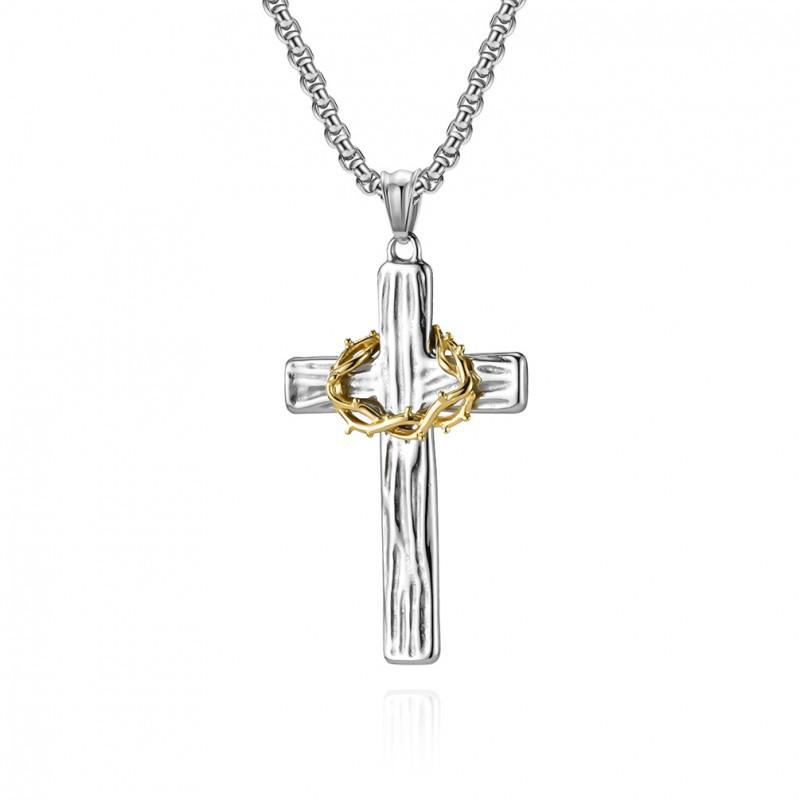 European American Retro Thorn Wreath Titanium Steel Cross Necklace Men s Artistic Niche Design High-end Pendant