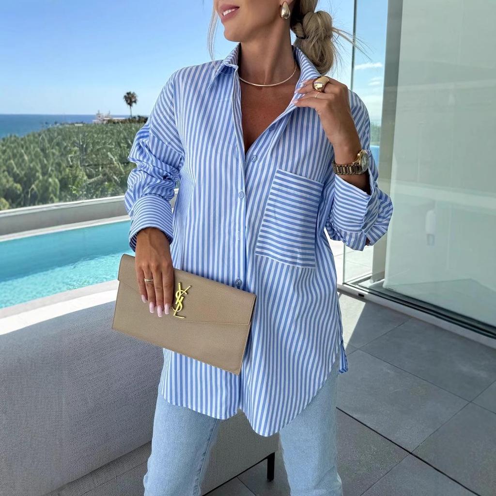 Chemise Décontractée à Manches Longues et Poches Rayées pour Femmes Printemps 2025