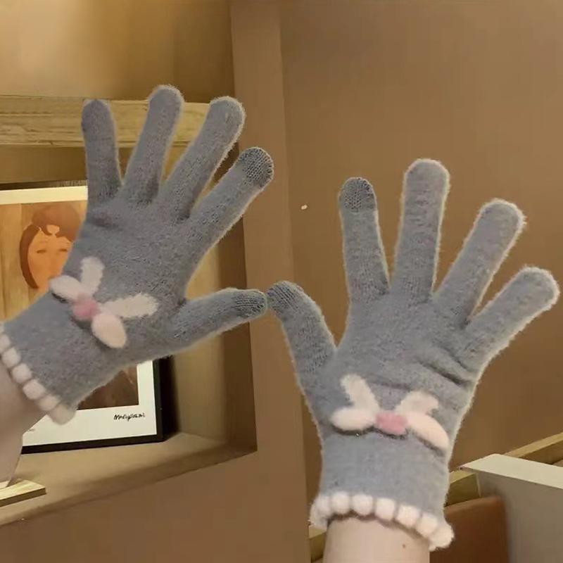 Touch Screen Knitted Gloves Wool Warm Five Fingers Winter Riding Bow Gloves