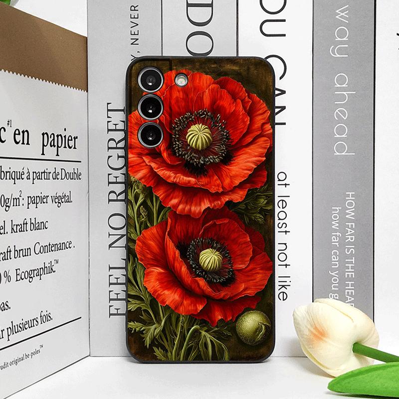 Retro květ máku Horká červená Tištěný kryt na telefon pro Samsung Galaxy S26 S25 S24+ S23 Ultra S22 Plus S20 S21 FE M53 Měkký kryt