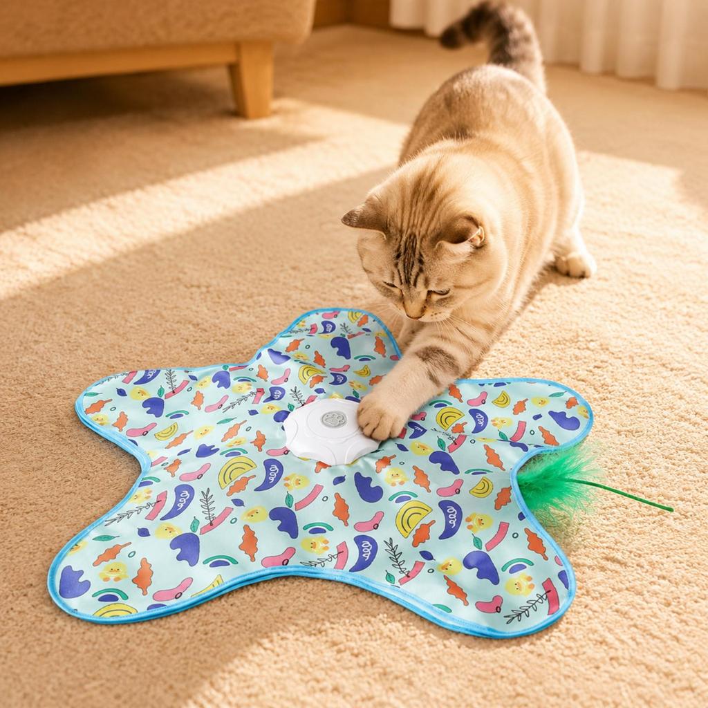 StarShaped Play Activity Mat Toy Interactive Rotating Feather Chaser Cat Automatic for Cats,