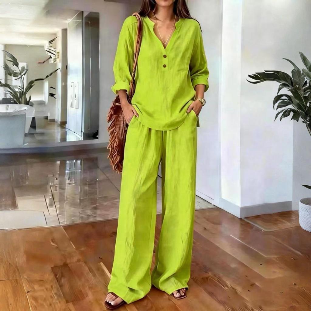 Women's Two-Piece -color Cotton And Linen Long-sleeved V-neck Top Straight-leg Casual Trousers Set