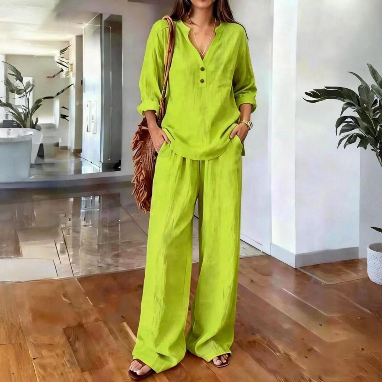 

Women s Two-Piece -color Cotton And Linen Long-sleeved V-neck Top Straight-leg Casual Trousers Set S зелений