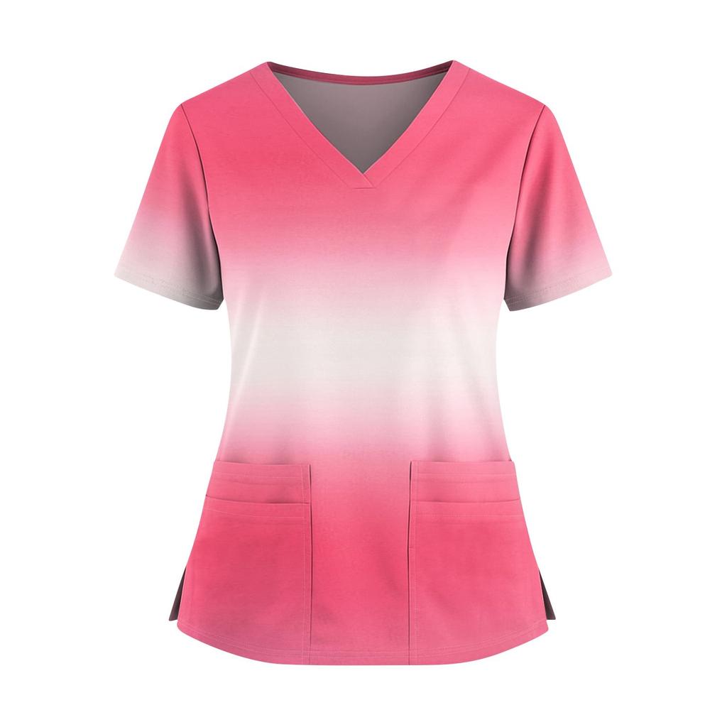 Women's Fashionable Printed V Neck Double Pocket Short Sleeved Shirt With Slit Hem Uniform And Worker Top