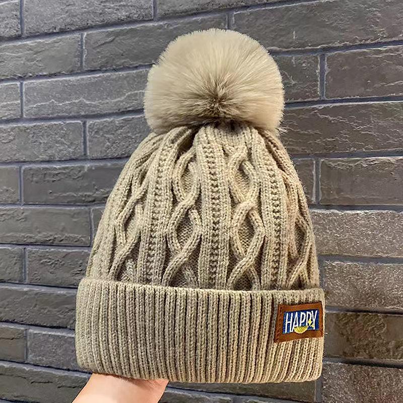 Women Solid Color Thicken Plush Beanie Cap Female Autumn Warm Crochet Hats Autumn and Winter Women's Pompom Knitted Hat