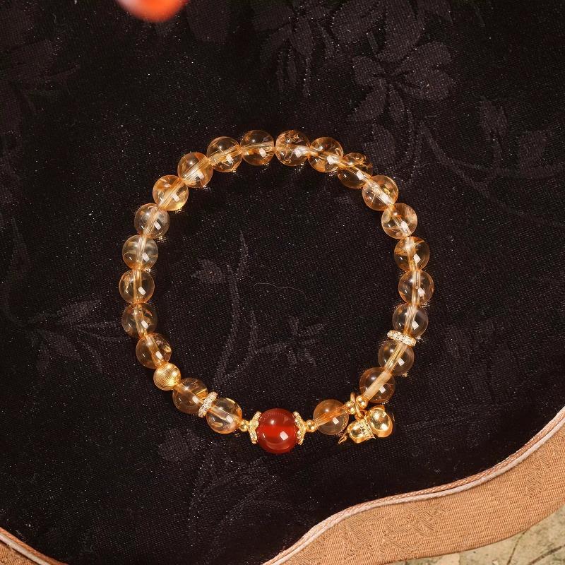 Golden Amber Flowing Light Natural Yellow Crystal Bead Bracelet with Red Agate Gourd Pendant, Exquisite and Luxurious for Women