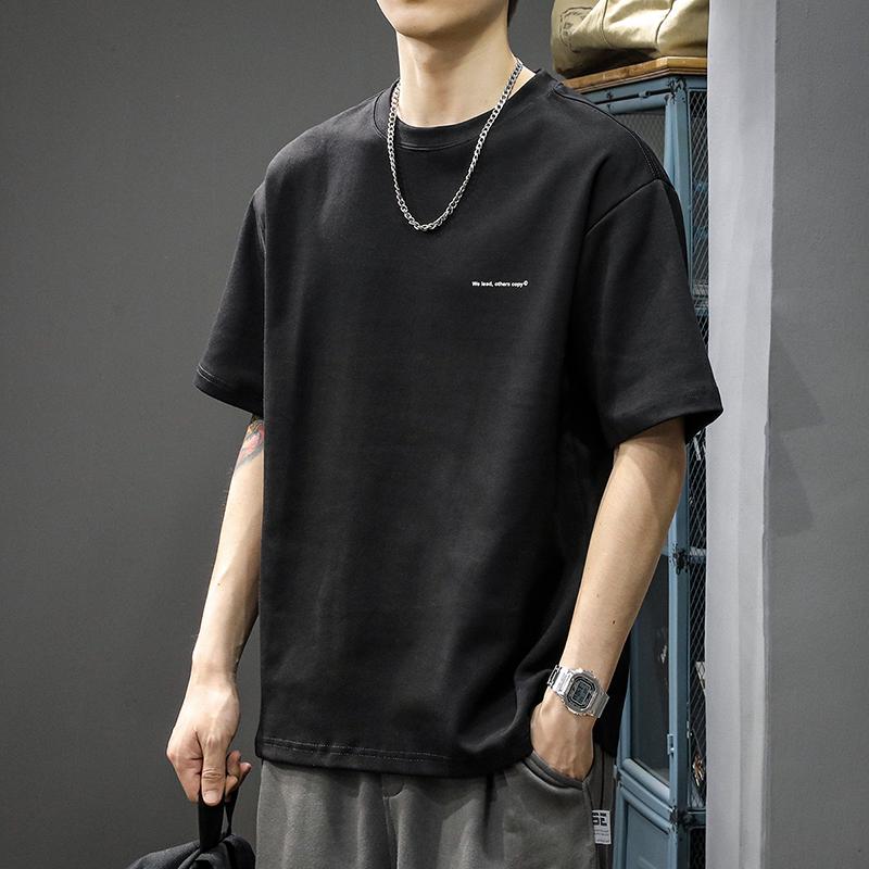 2025 Men's Summer Heavyweight Drop Shoulder T-Shirt - Trendy American Style Casual Solid Color Half Sleeve Top