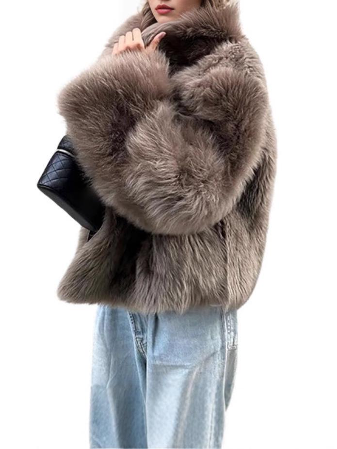 Moda Europejska i Amerykańska 2024: Brązowy długi płaszcz z pluszu i sztucznego futra z wykładanym kołnierzem