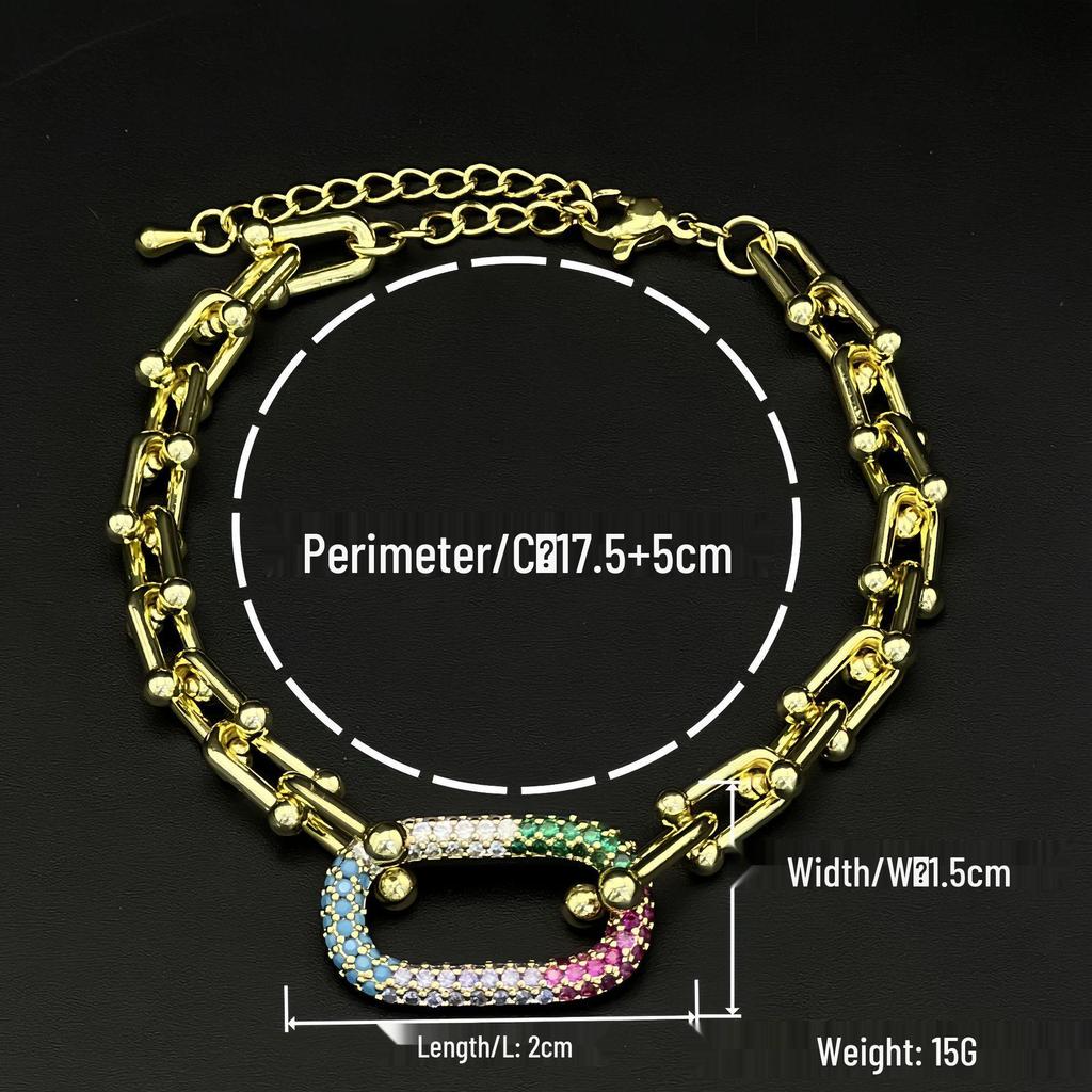 European & American Horseshoe Buckle Bracelet with Bamboo Section and Micro-paved Zircon