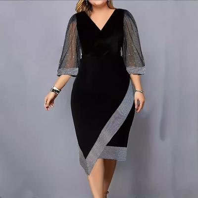 Dames Mesh Mouw V-Hals Casual Feest Slim Fit Midi Jurk
