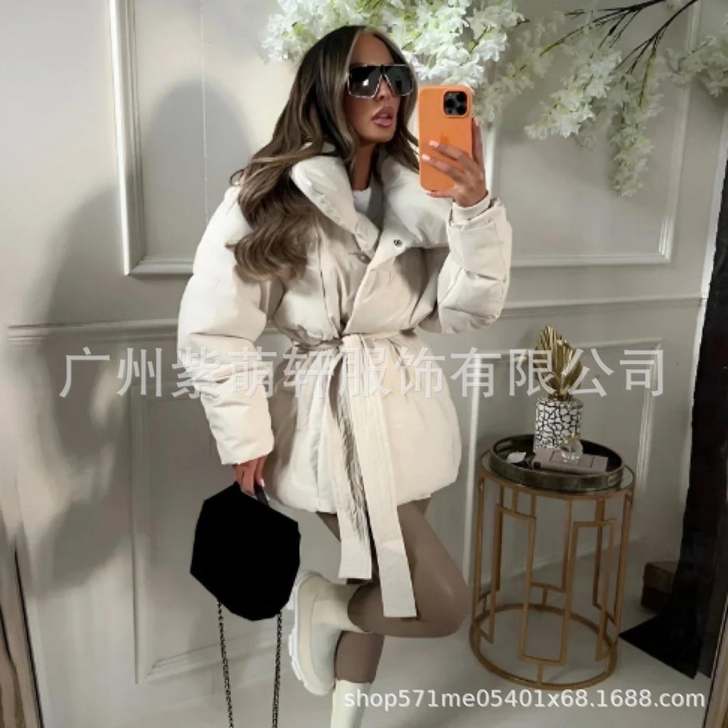 Women's Belted Lapel Puffer Jacket Coat, Winter Fashion Outerwear, Casual Tie Waist Long Sleeve Trench