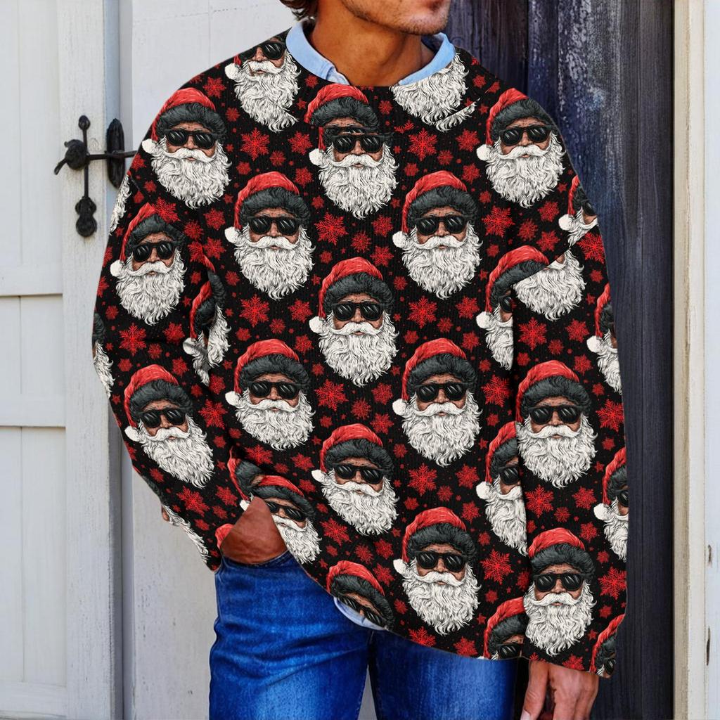 Men's Neck Christmas Print Knit Sweater for Fall and Winter