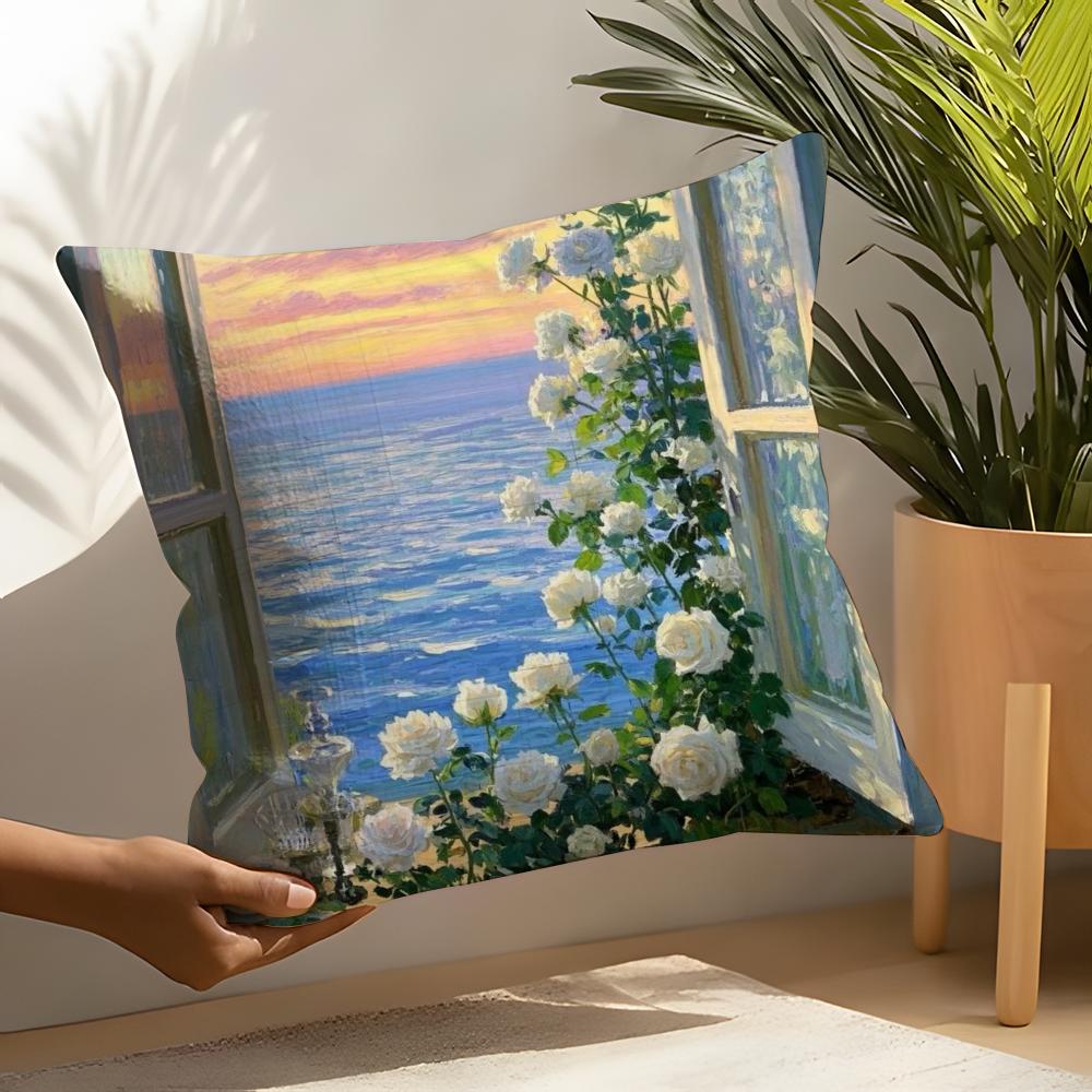 Beautiful Landscape Painting Style Linen Cushion Covers For Decorative Sofa Home Pillows Case Car Chair Pillows Cases