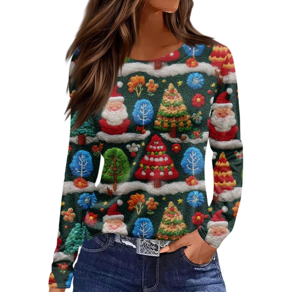 Women's Fashion Hem Slit Casual Christmas Printed Round Neck Long Sleeve Top