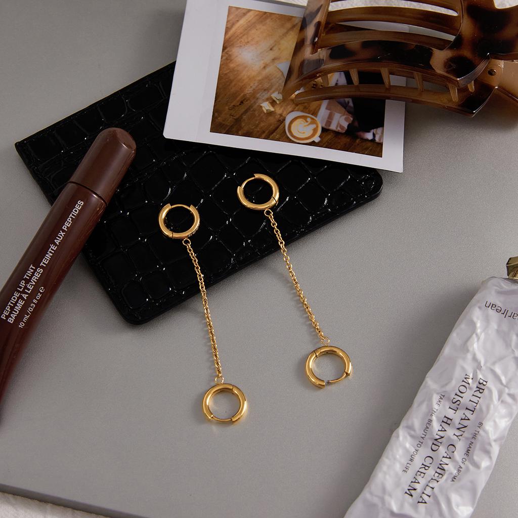 Yori Hot Style Shiny White Cubic Zircon Double Ring Tassel Dangle Earrings 18K Gold PVD Plated Waterproof Daily Jewelry Gift