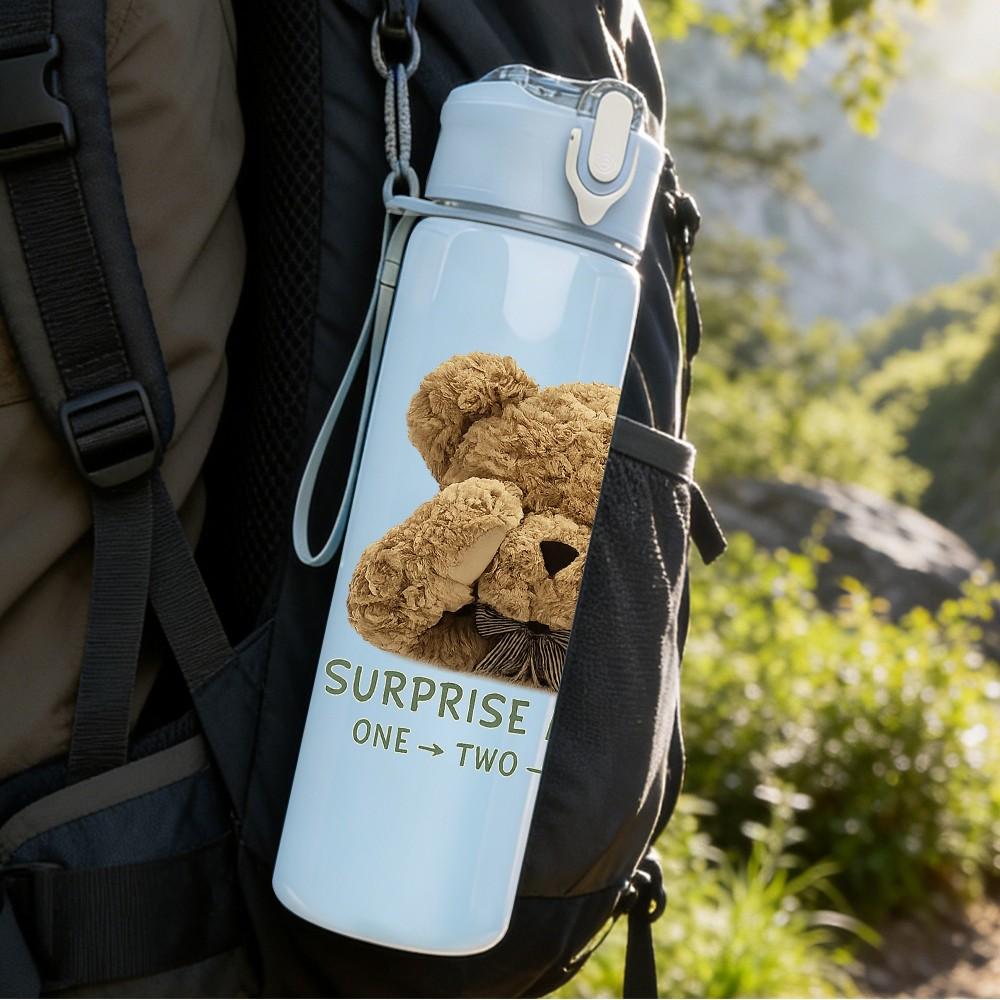 1PC Sleepy Teddy Bear Soft Toy Print 750ml Color Plastic Sports Water Bottle Leakproof Flip Straw Lid Suitable for Sports Office Home Use