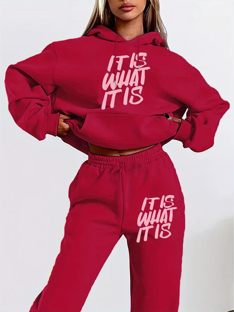 European & American Women's Plus Size Casual Hooded Sweatshirt Set with Trendy Print