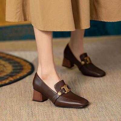 High Heel Women's Small Leather Shoes 2025 Spring and Autumn New Thick Heel Square Head Soft Leather British Loafers Shoes