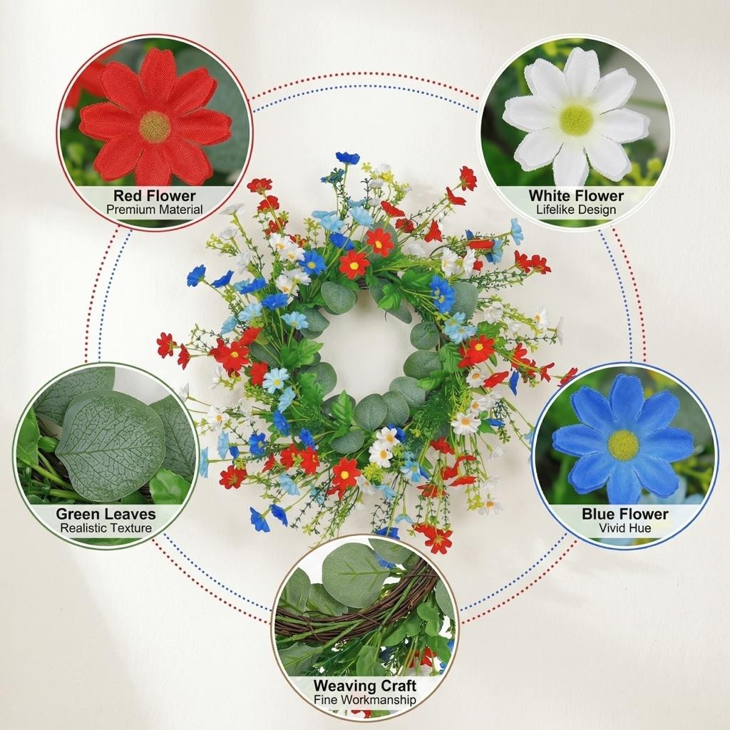 45cm Patriotic Decorative Red, And Blue Wreath – Front Door Wreath / Door Hanging – Independence Day Decoration