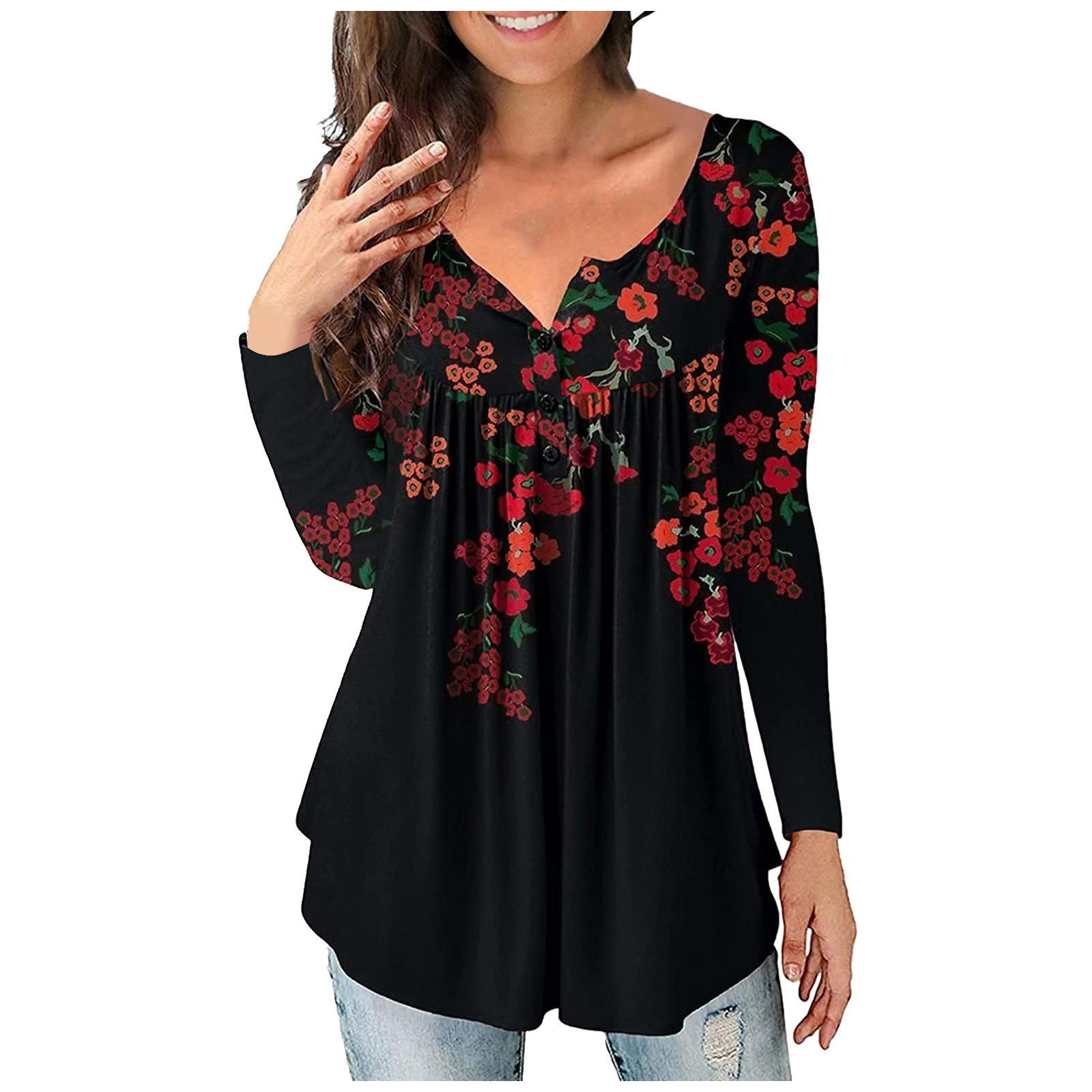 

Women s Loose Floral Print Half-button Top S