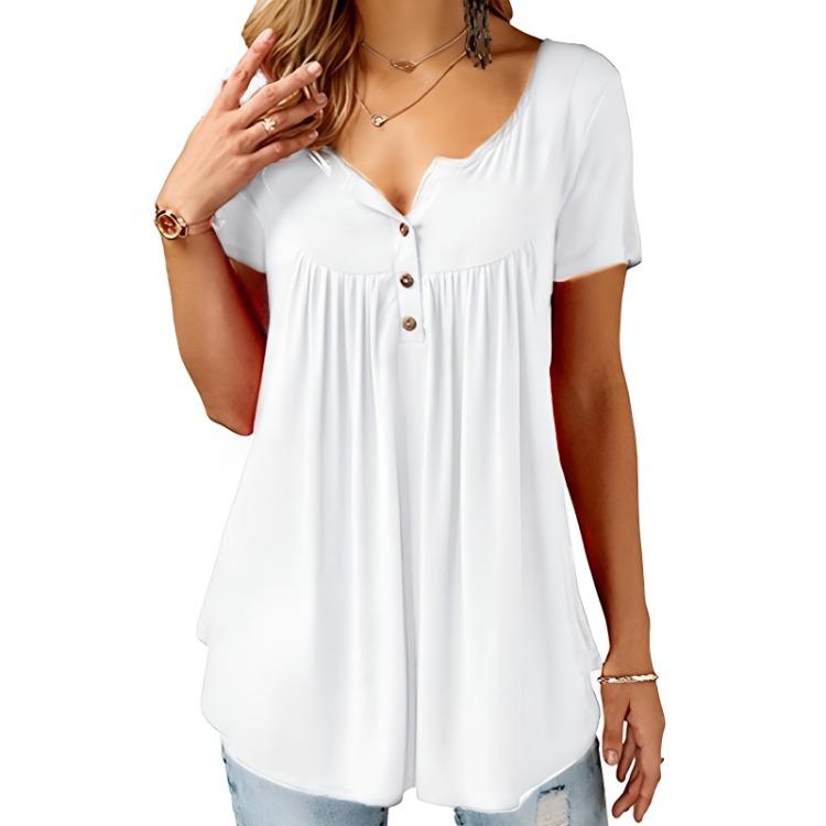 Ladies Casual Women Blouse O Neck Shirts Loose Elastic Short Sleeve Tunic Button Top