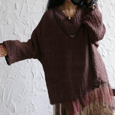 Women Linen T-Shirts V-Neck Long Sleeve Simple Solid Color Loose Tees Spring Comfortable Soft Vintage T-Shirt