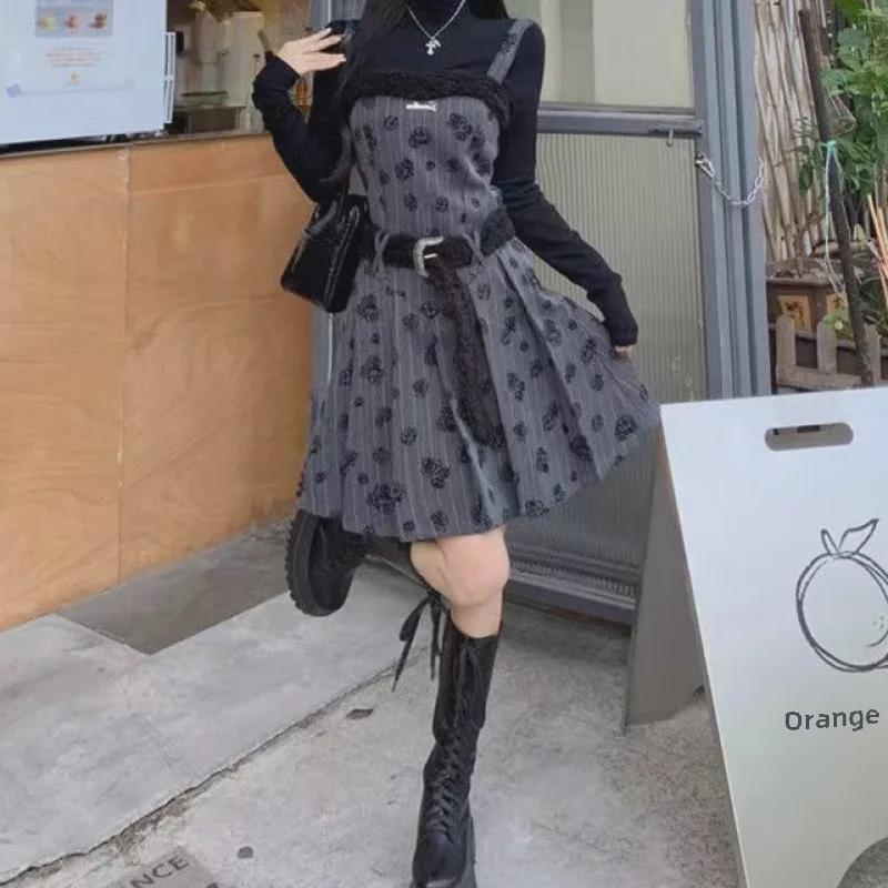 2024 Autumn French Retro Pleated Slim Suspender Dress & Long Sleeve Set