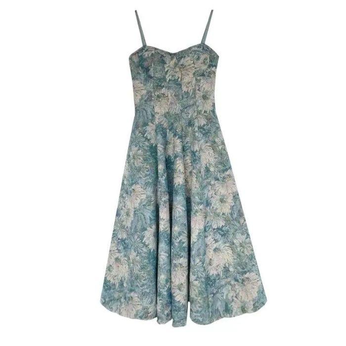 French Retro Summer Floral Suspender Skirt Oil Painting Suspender Dress New Set Hollow Cardigan