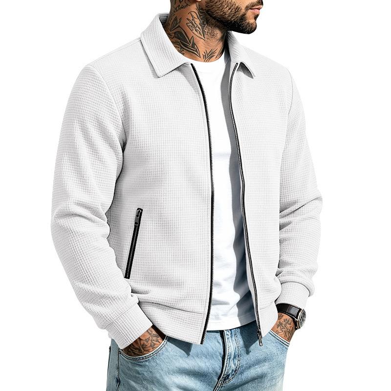 Men S Casual Waffle Knit Zip Pocket Lapel Jacket
