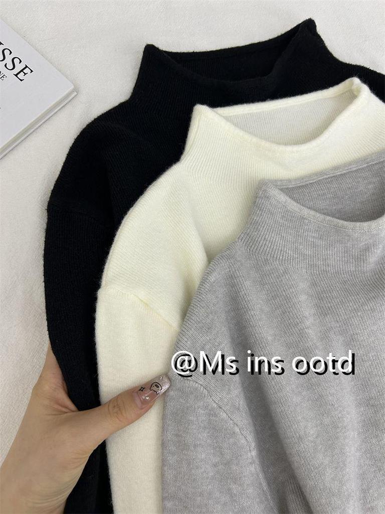 Fresh & Unique Green Bean Knit Sweater: Skin-Brightening, Semi-High Neck, Long-Sleeved, Slim-Fit for Autumn/Winter