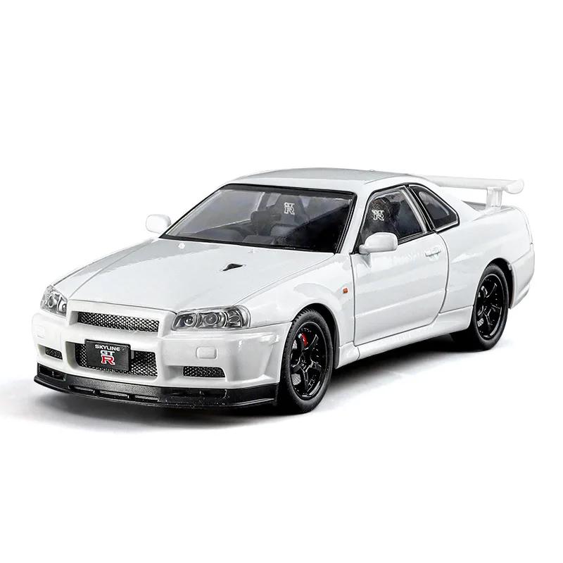 

1/24 Nissan Skyline GTR R34 Форсаж Алюмінієва модель машинки Звук Світло Колекційна Мініатюра Voiture Diecast Іграшковий транспорт За хлопчика C342 білий