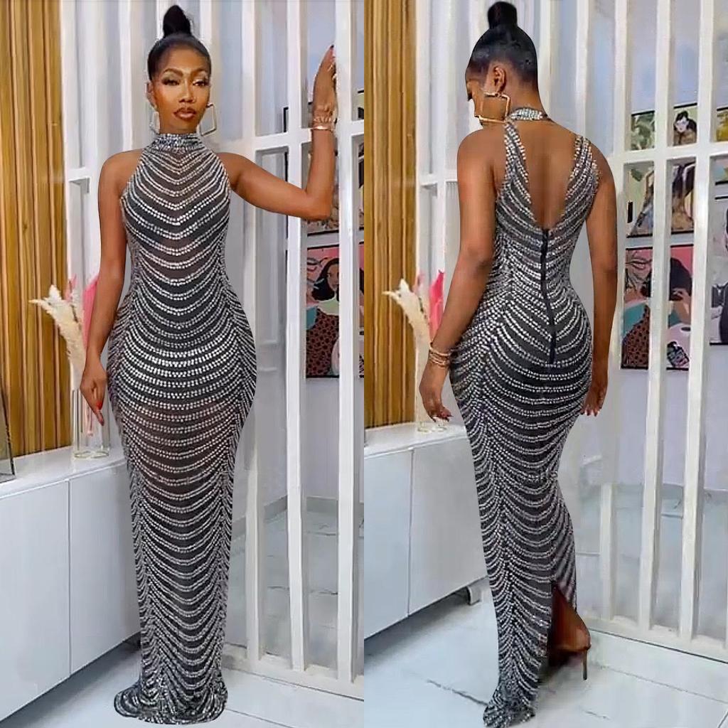 X5259 European Fashion Sexy Rhinestone Backless Nightclub Party Dress - See-through Long Dress for Women