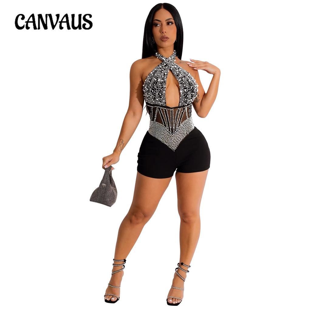 Fashion Women's Mesh Drilling Bubble Beads Sleeveless Shorts Jumpsuit