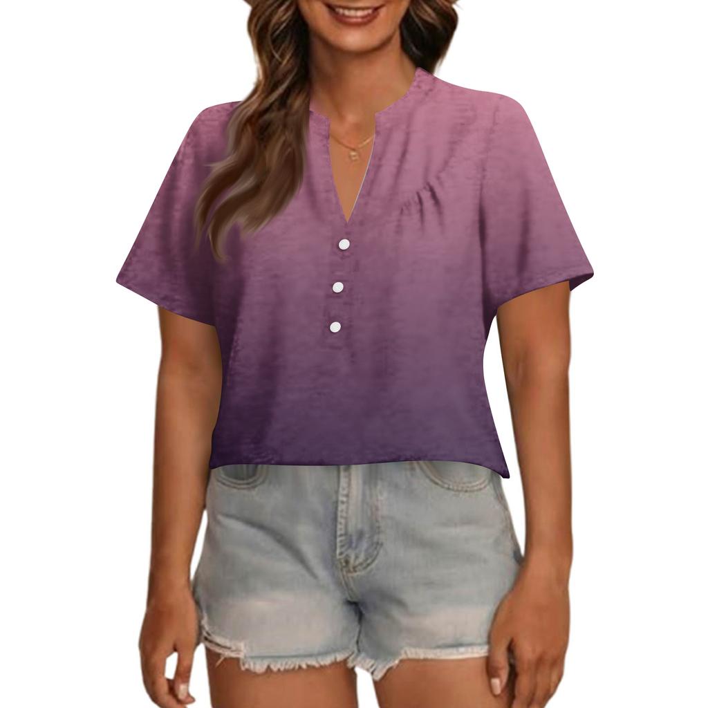 Women's Fashionable Casual V Neck Button Up Oversized Short Sleeve Printed Top