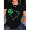 European Size Womens St Patricks Day Clover Valentines Heart Print T Shirt All Season Polyester Casual Round Neck Tee Machine Washable Fashion Top