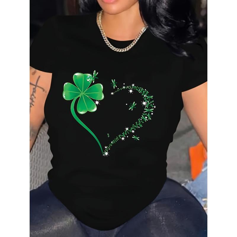 European Size Womens St Patricks Day Clover Valentines Heart Print T Shirt All Season Polyester Casual Round Neck Tee Machine Washable Fashion Top