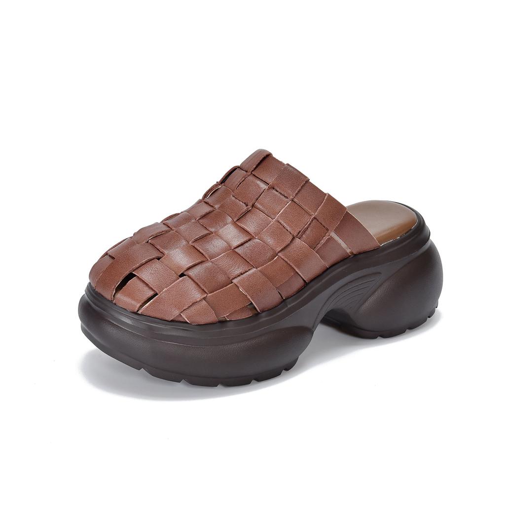 Johnature Echte Leder Gewebte Runde Zehen Hausschuhe Dicke Sohle Höhe Erhöhend Outdoor Damen Slides