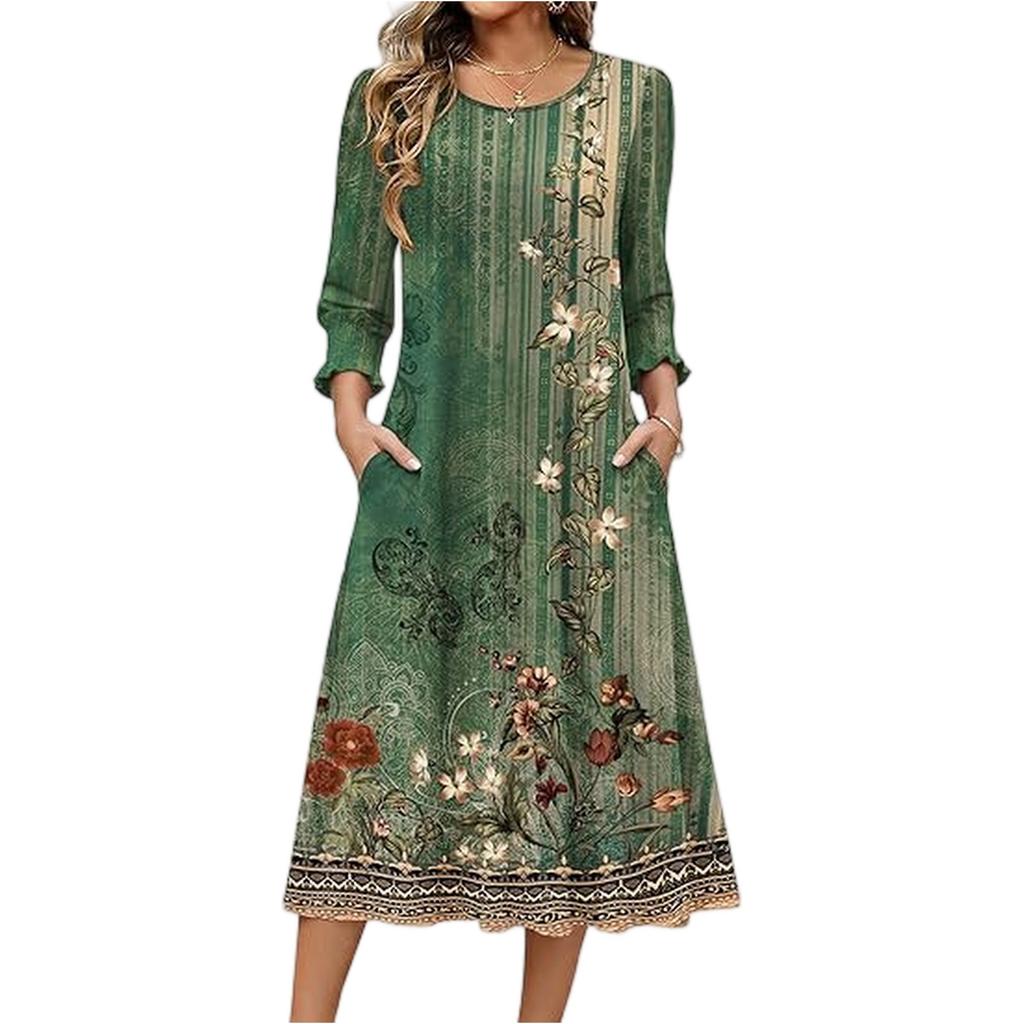 Women's Fashion Pocket Half Sleeve Floral Mid,length Casual Dress