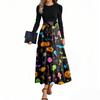Women's Fashion Casual Belted Long Sleeve Round Neck Halloween Printed Elegant Temperament Dresses