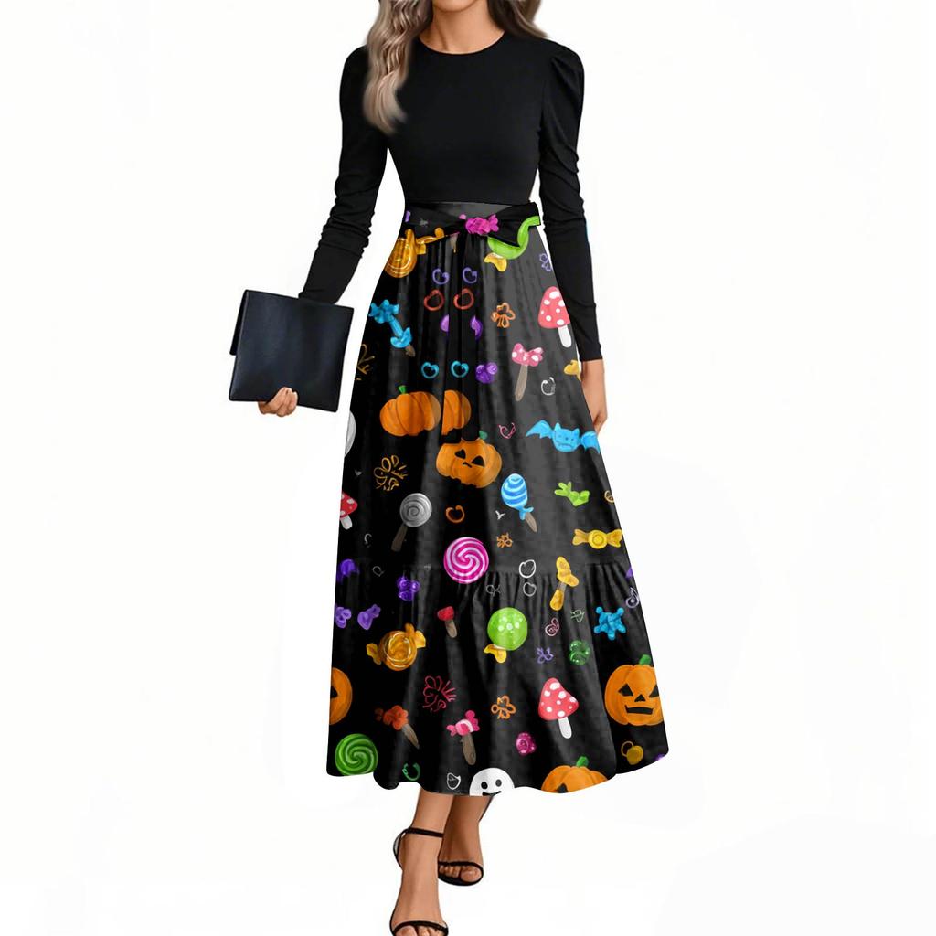 Women's Fashion Casual Belted Long Sleeve Round Neck Halloween Printed Elegant Temperament Dresses